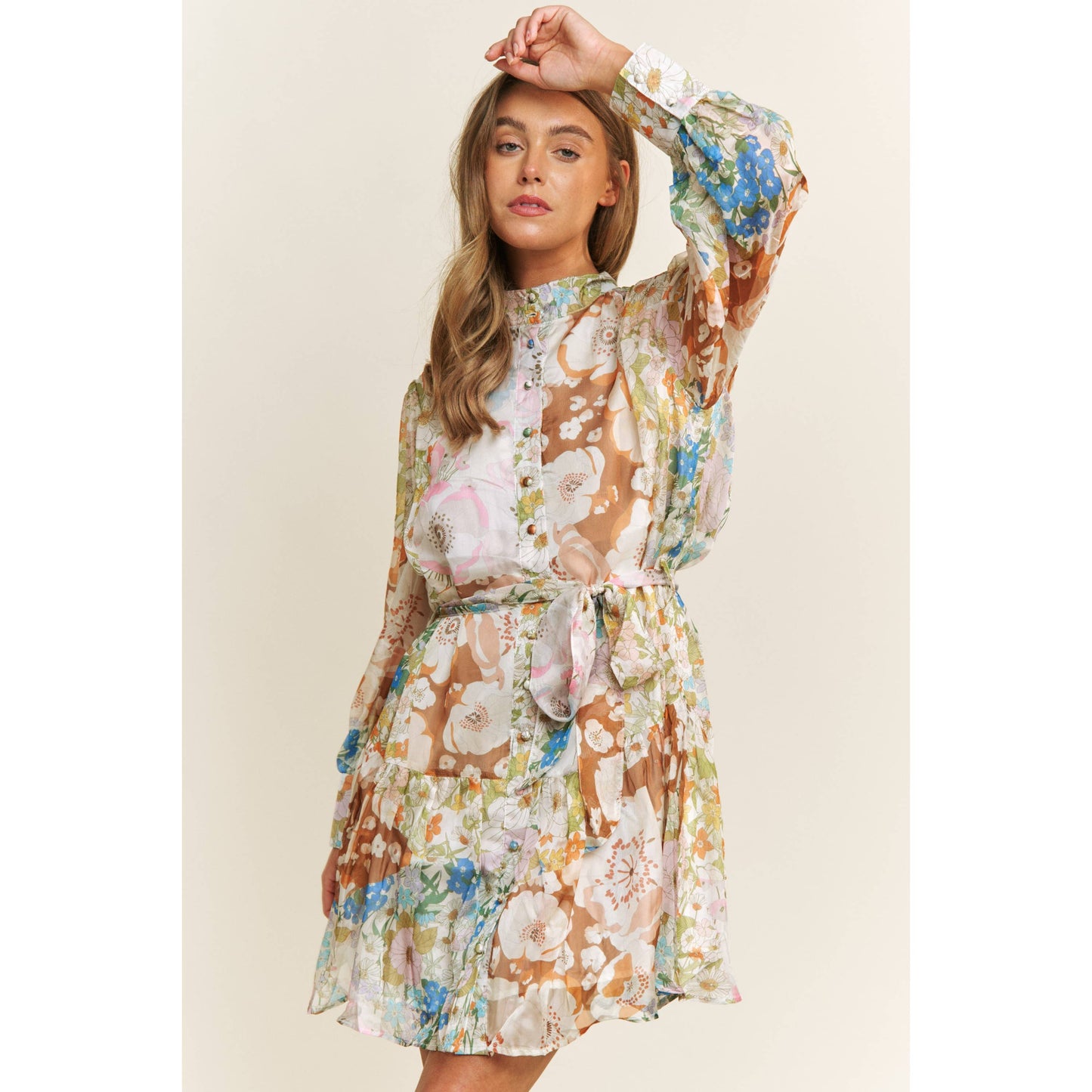 CHIFFONE FLORAL PRINT MINI SHIRT DRESS