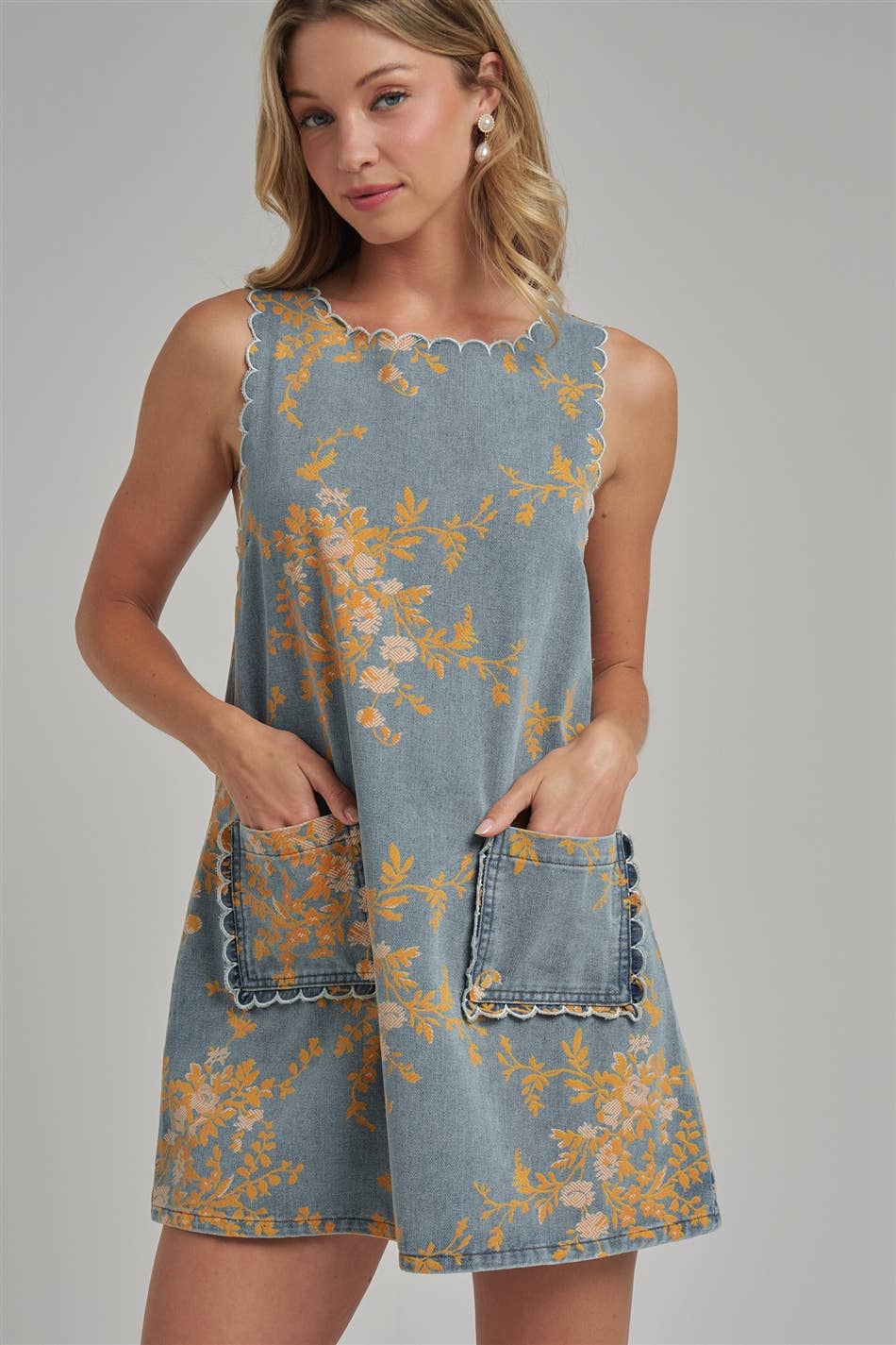 FLORAL DENIM MINI DRESS WITH SCALLOPED EMBROIDERY STITCHING