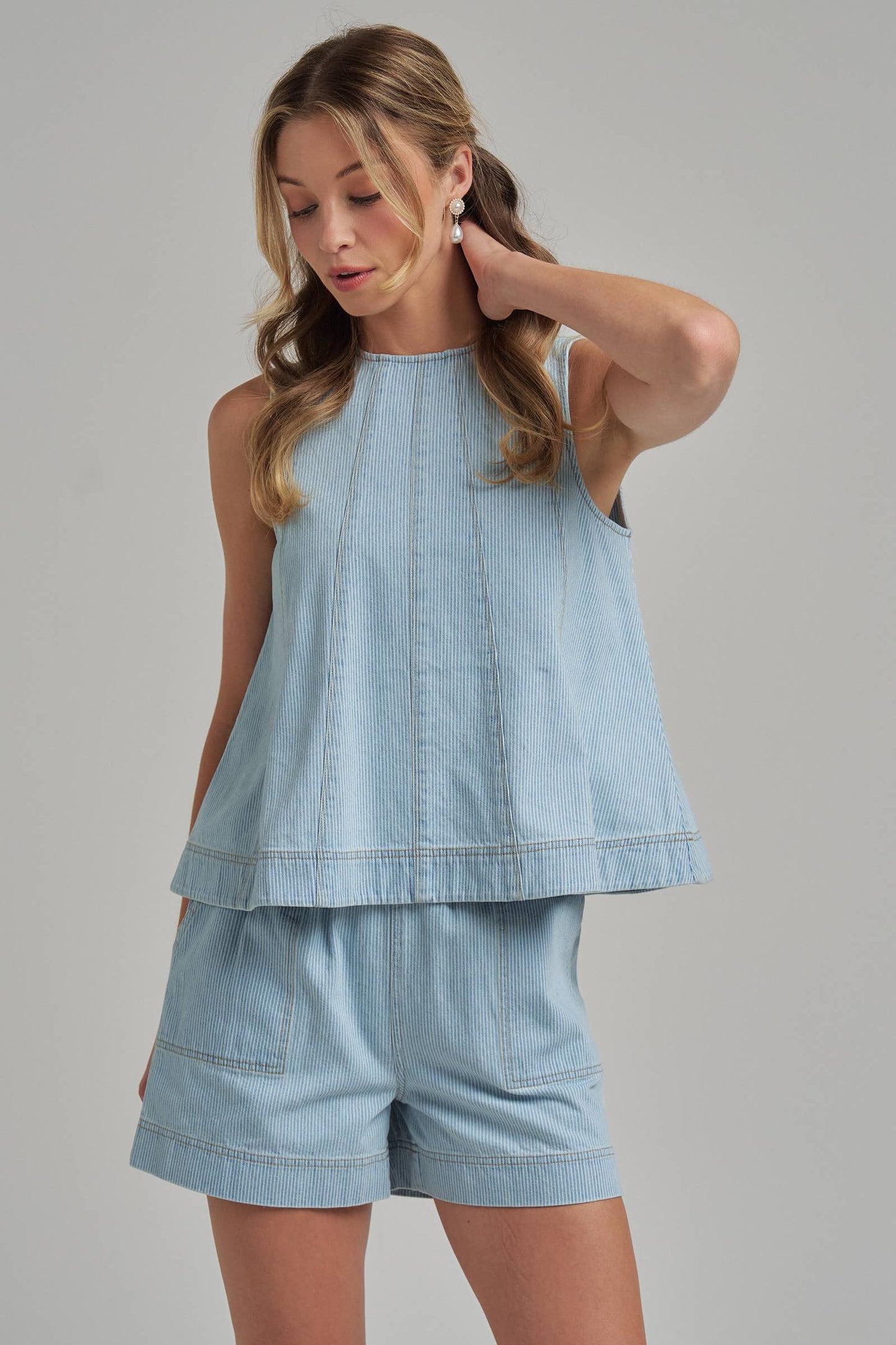 SLEEVELESS PIN STRIPE DENIM TOP AND MATCHING SHORTS SET