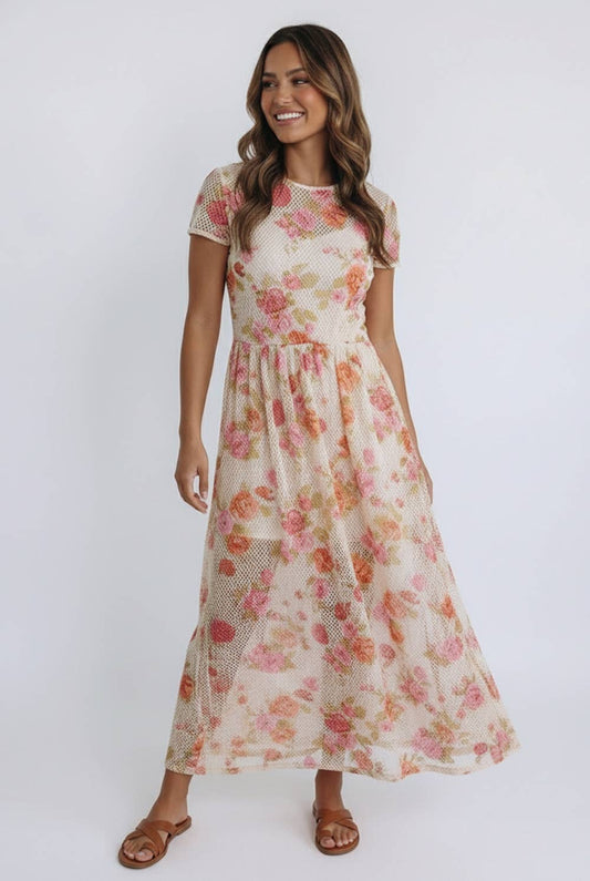 FLORAL PRINT NETTED LINED MIDI DRESS