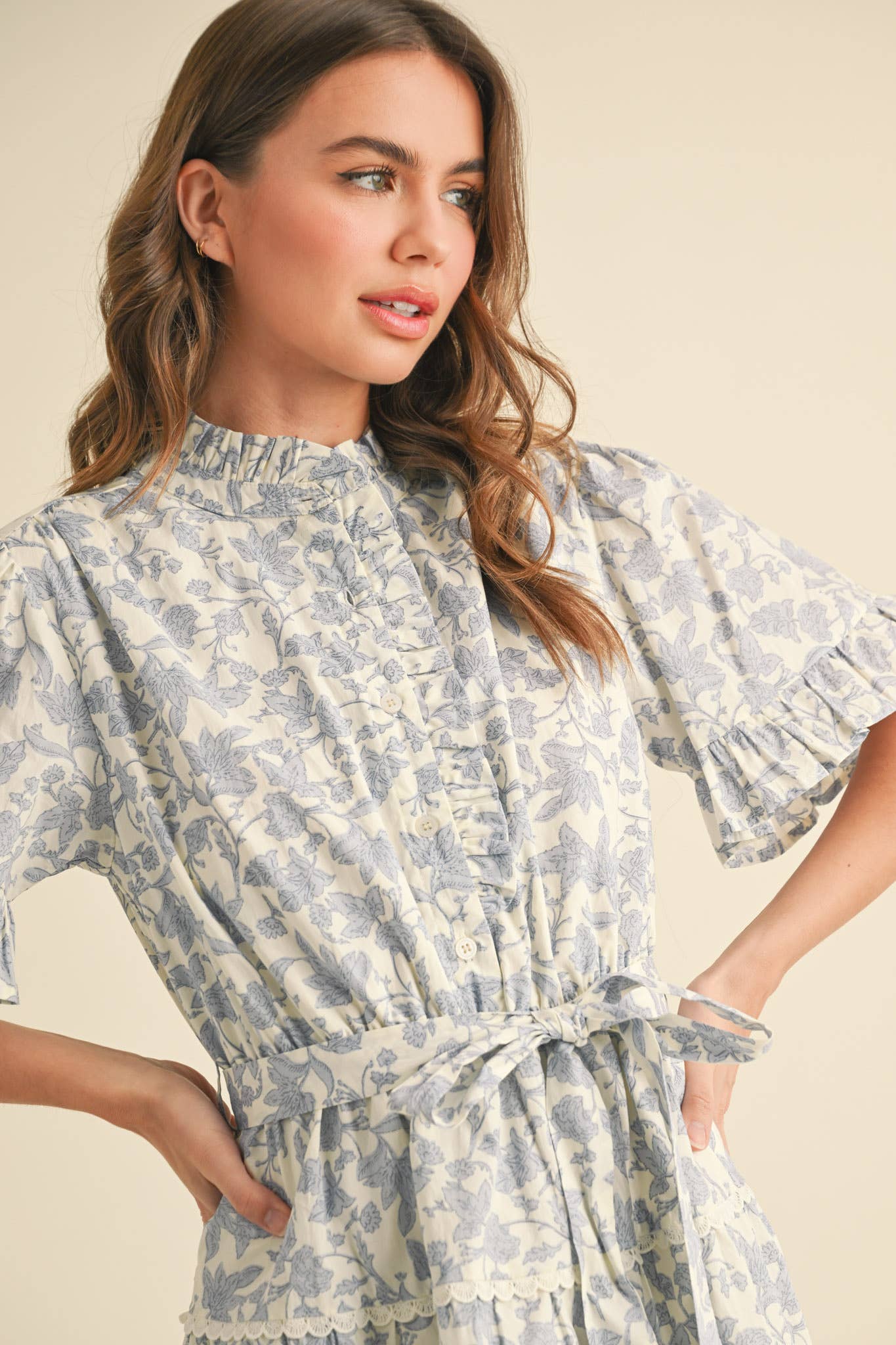 RUFFLED BUTTON DOWN FLORAL MINI DRESS MDR3578