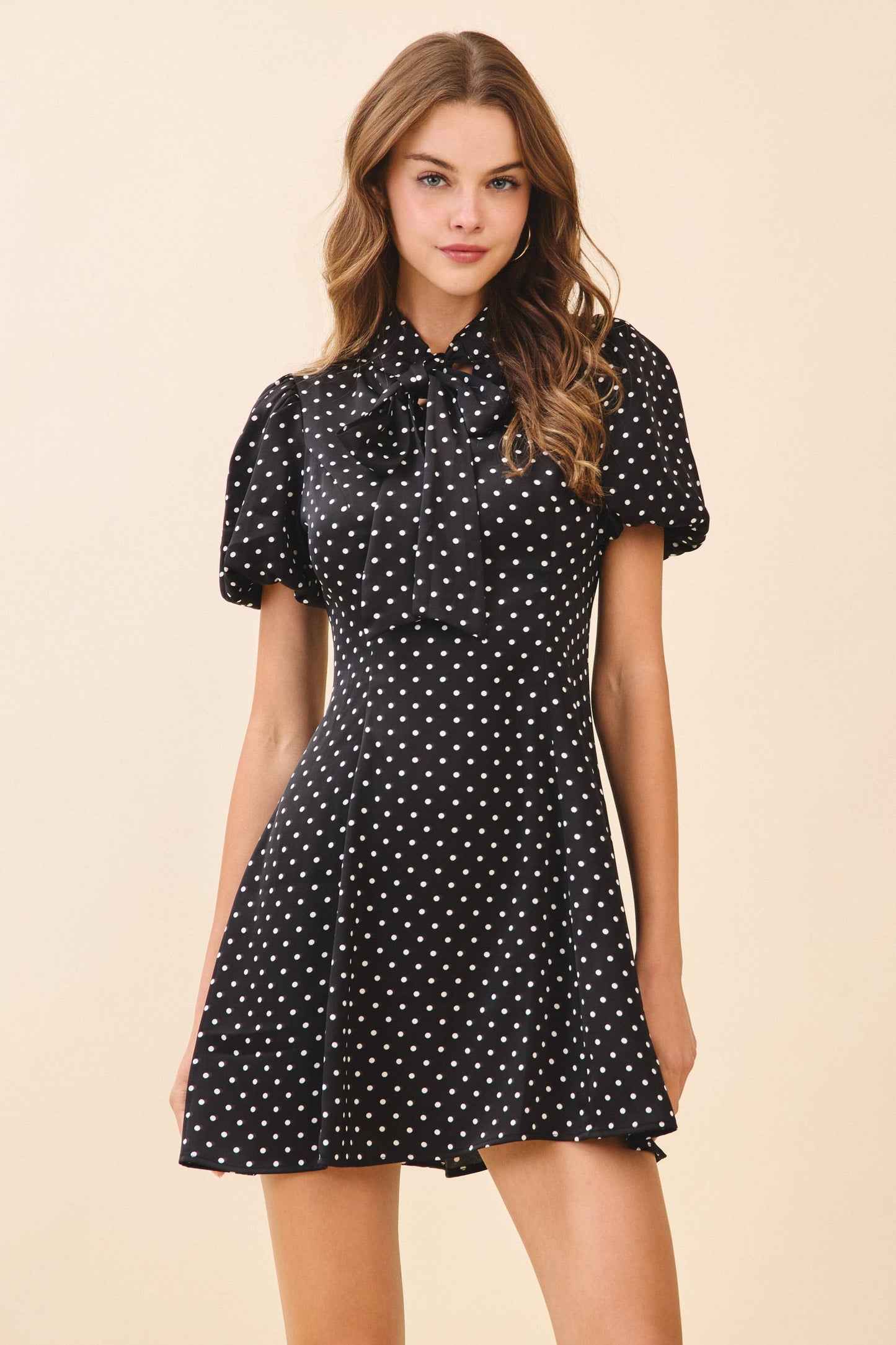 Polka Dot Print Self Tie Bow Neck Mini Dress