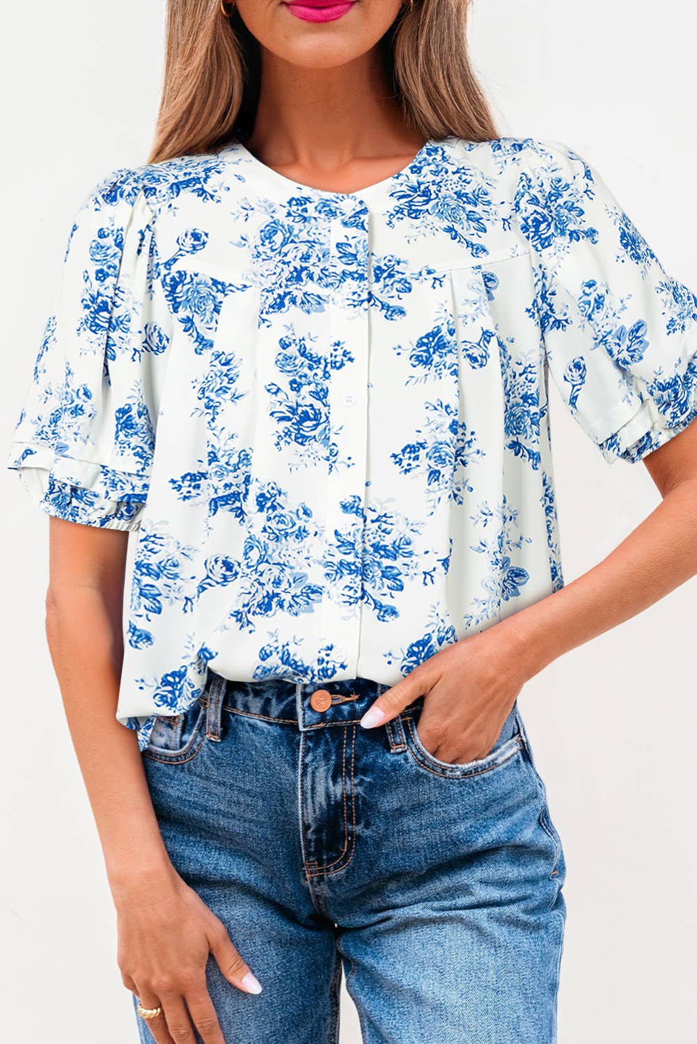 BOHO Floral Pleated Puff Sleeve Button Up Shirt | S-XL