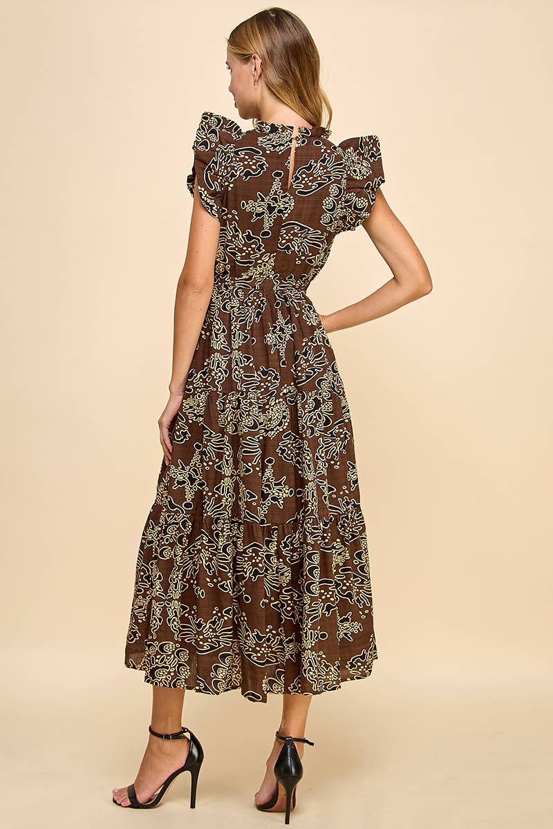 Print Ruffle Sleeve Back Keyhole Dress