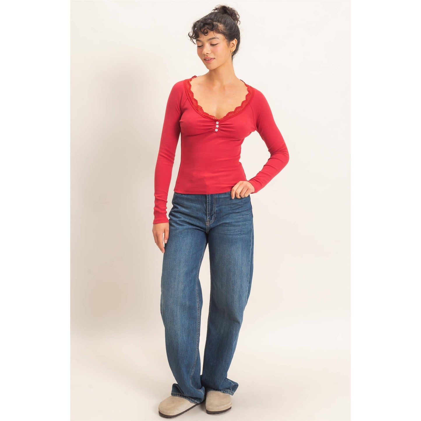 Lace-Trim Henley Top