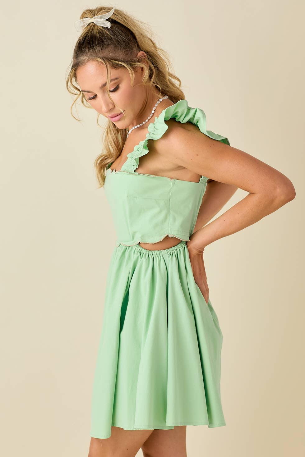 Scallop mini dress with ruffled shoulder