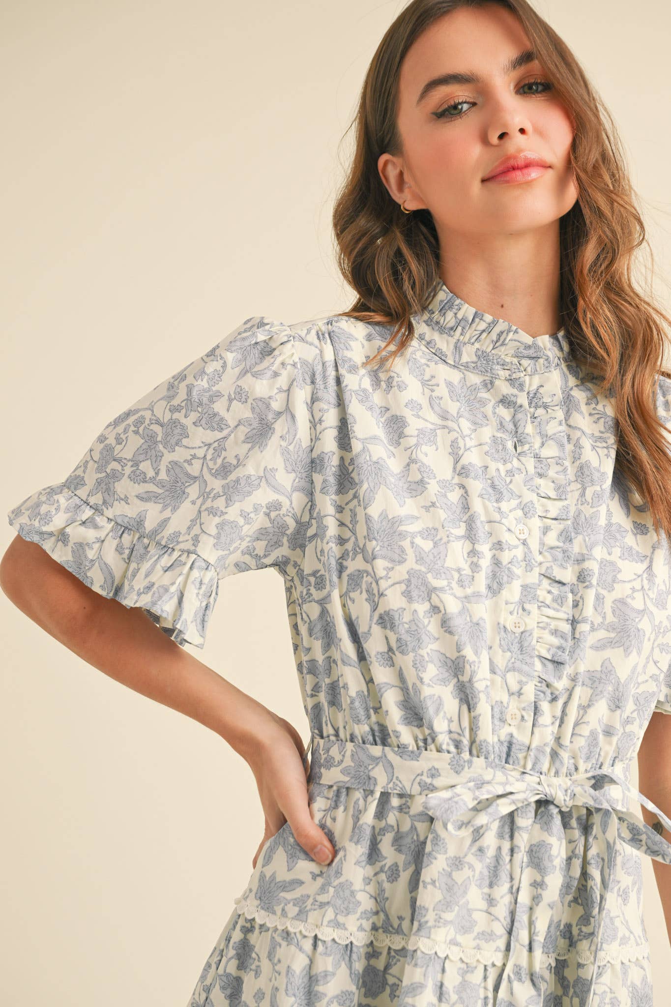 RUFFLED BUTTON DOWN FLORAL MINI DRESS MDR3578