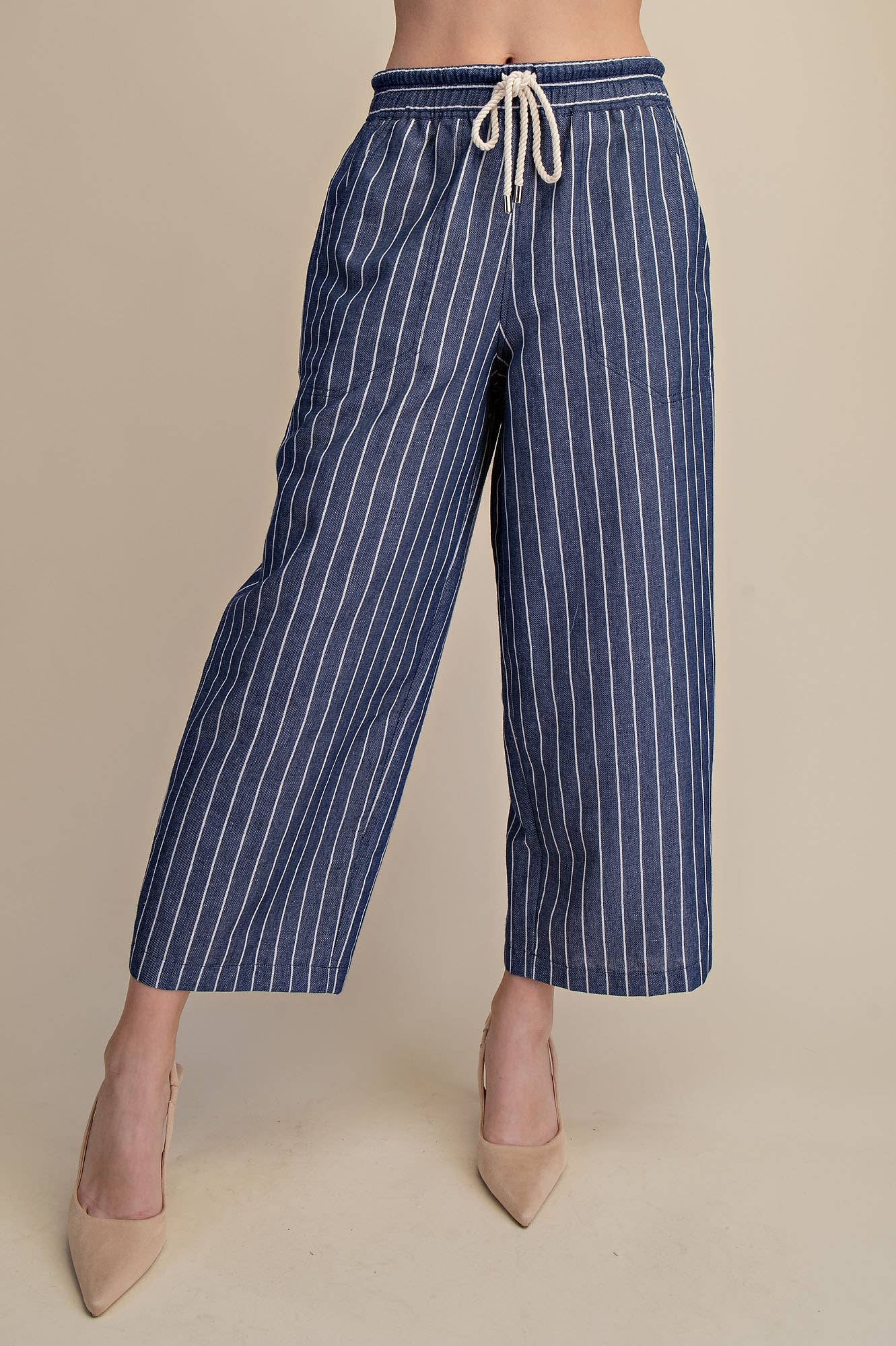 Drawstring Mid-Rise Stripe Wide Pants