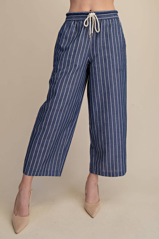 Drawstring Mid-Rise Stripe Wide Pants
