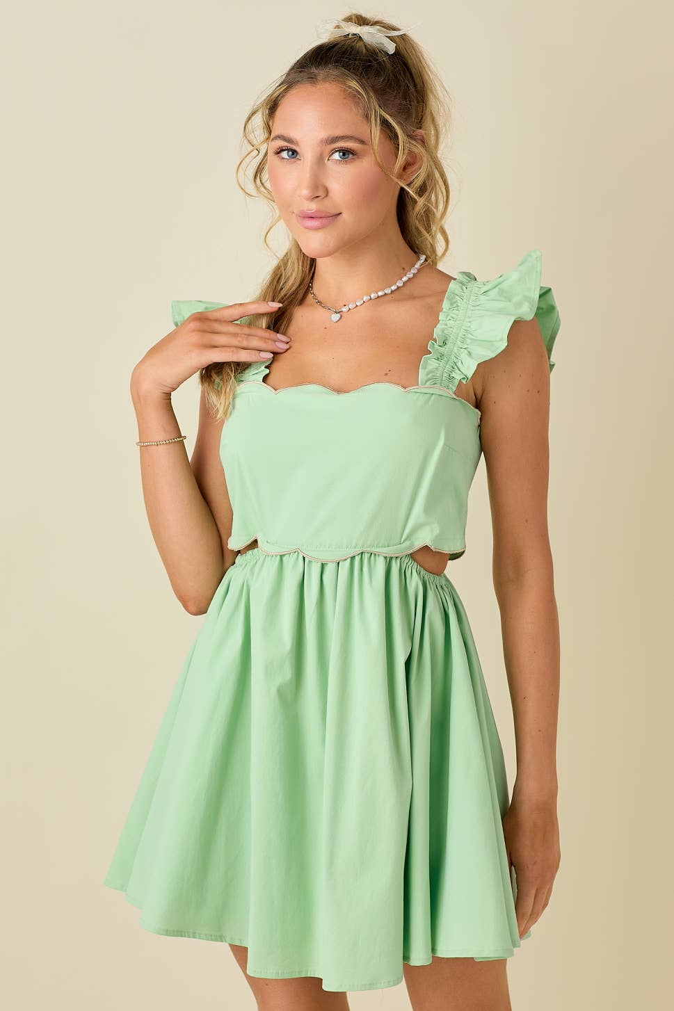 Scallop mini dress with ruffled shoulder
