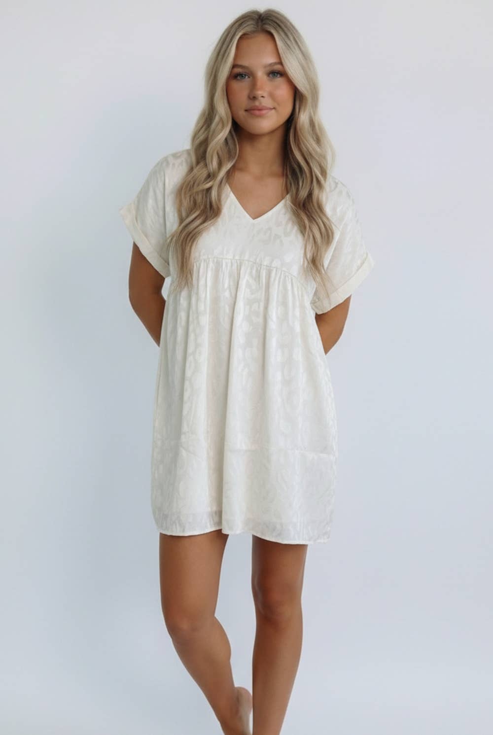 ANIMAL PRINT JACQUARD V NECK BABYDOLL DRESS