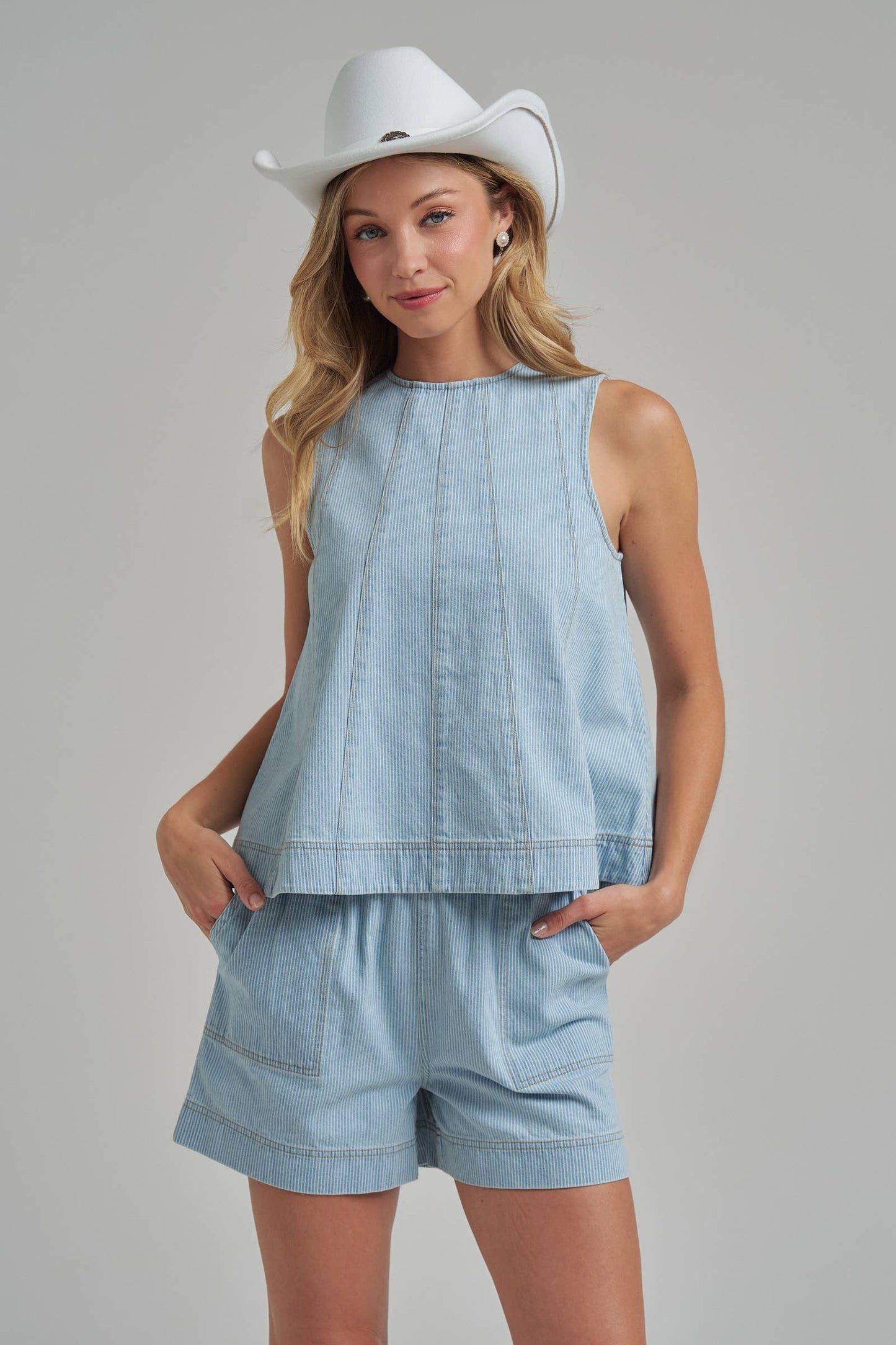 SLEEVELESS PIN STRIPE DENIM TOP AND MATCHING SHORTS SET