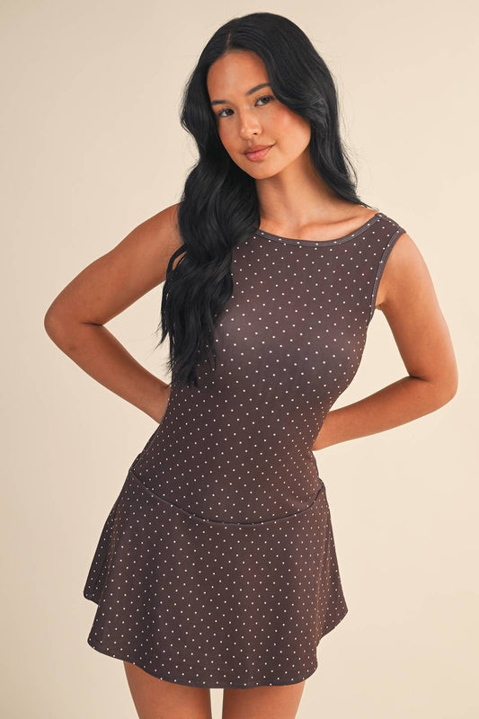 Polka Dot Print A-Line Mini Dress Brown