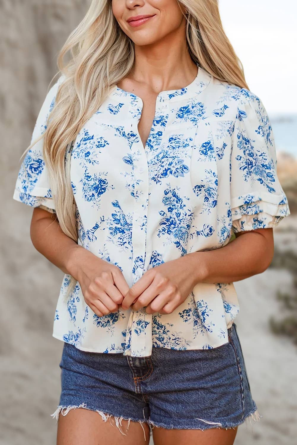 BOHO Floral Pleated Puff Sleeve Button Up Shirt | S-XL