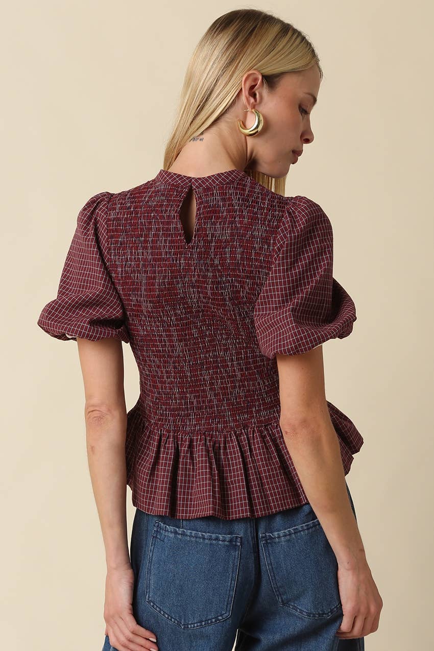 Maggie Plaid Smocked Peplum Top