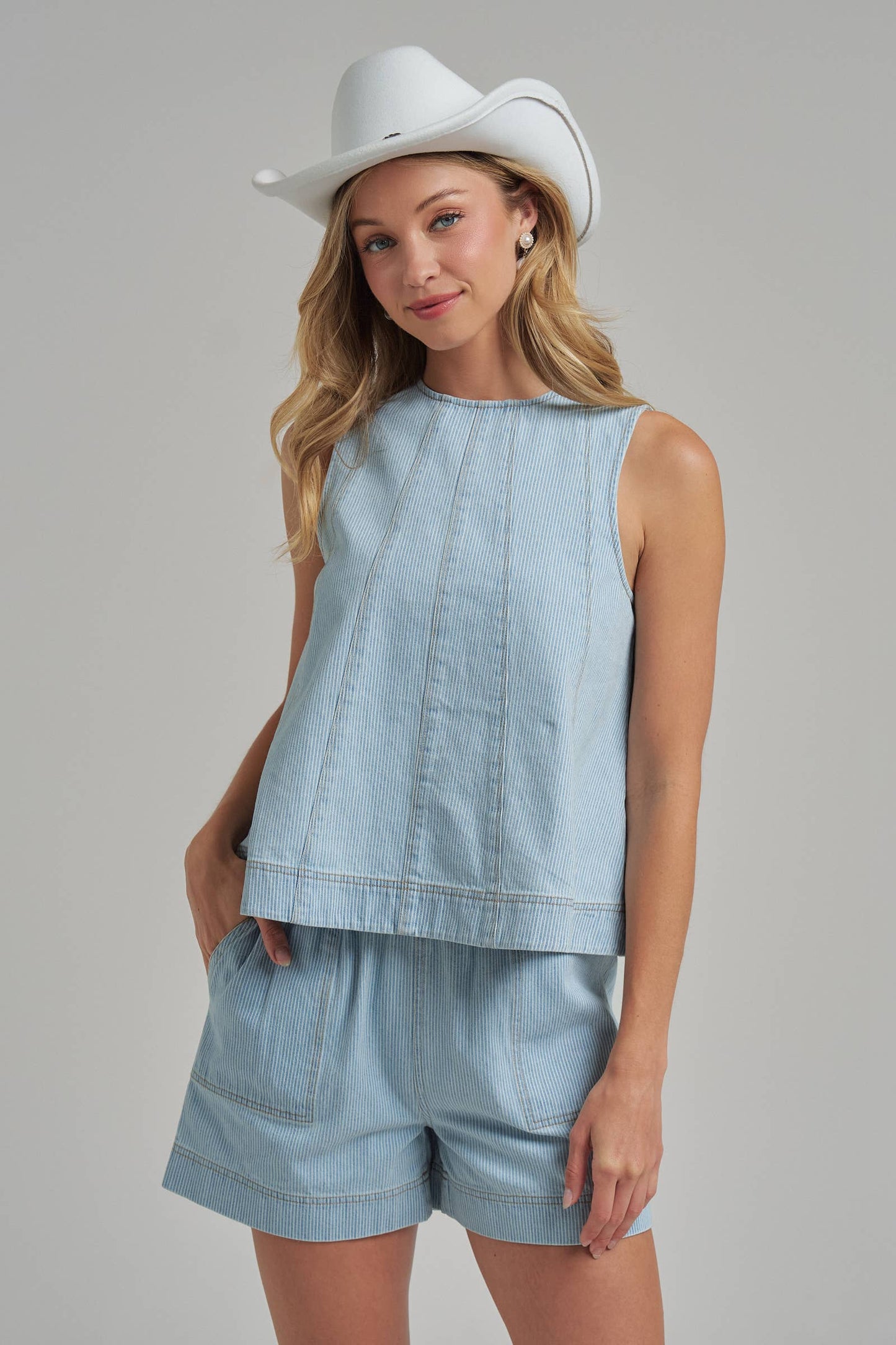 SLEEVELESS PIN STRIPE DENIM TOP AND MATCHING SHORTS SET