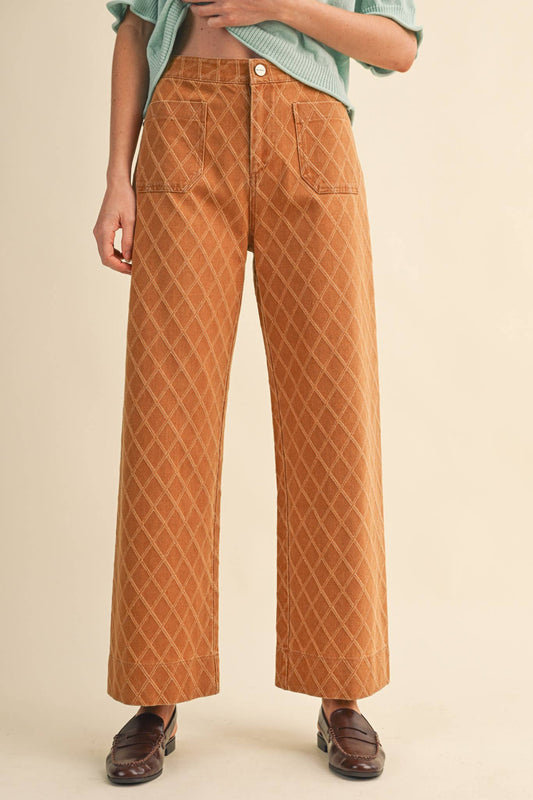 HIGH WAIST DIAMOND QUILTED TEXTURE WIDE LEG PANTS