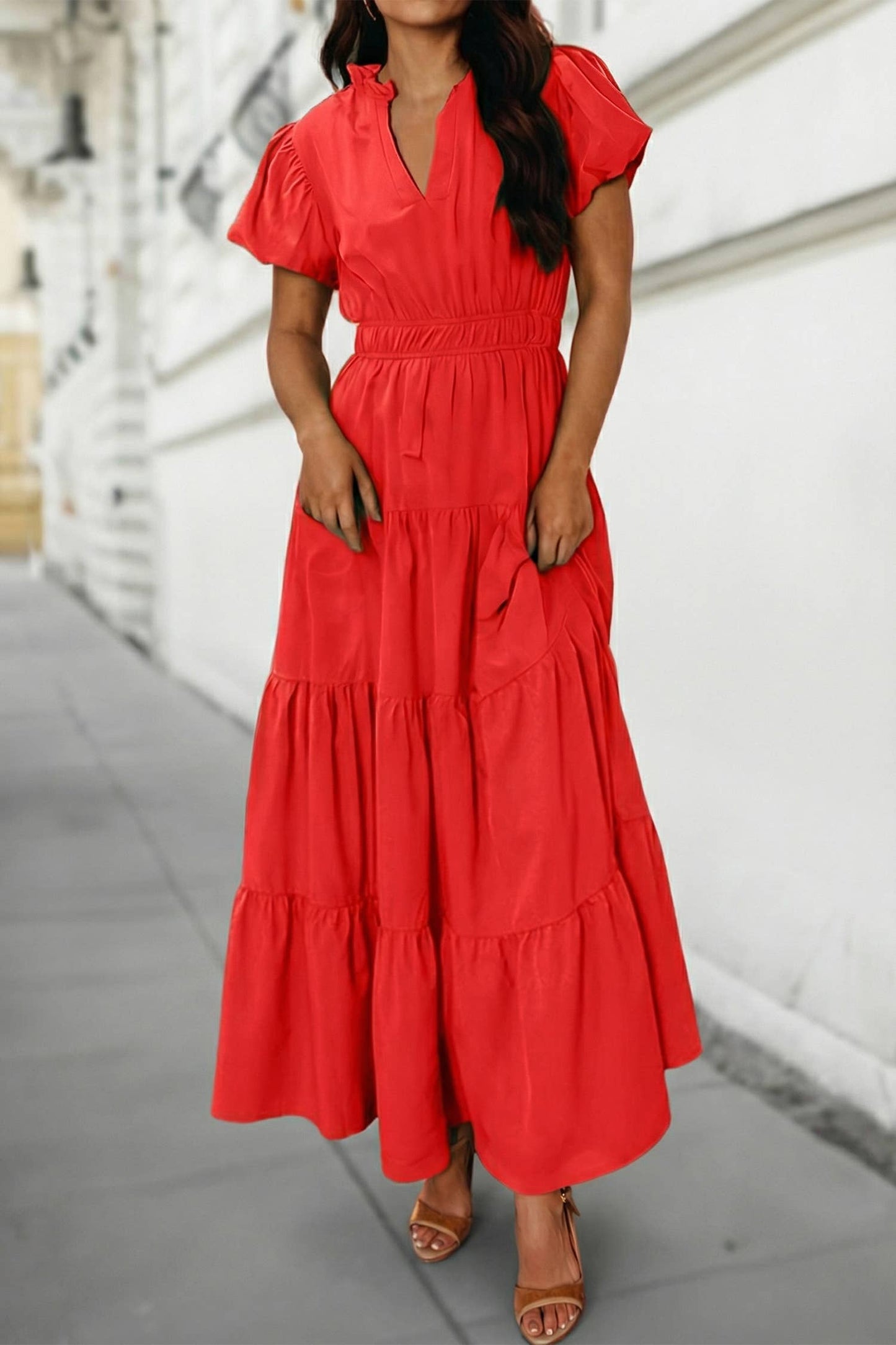 Solid V Neck Short Puff Sleeve Tiered Maxi Dress | S-XL
