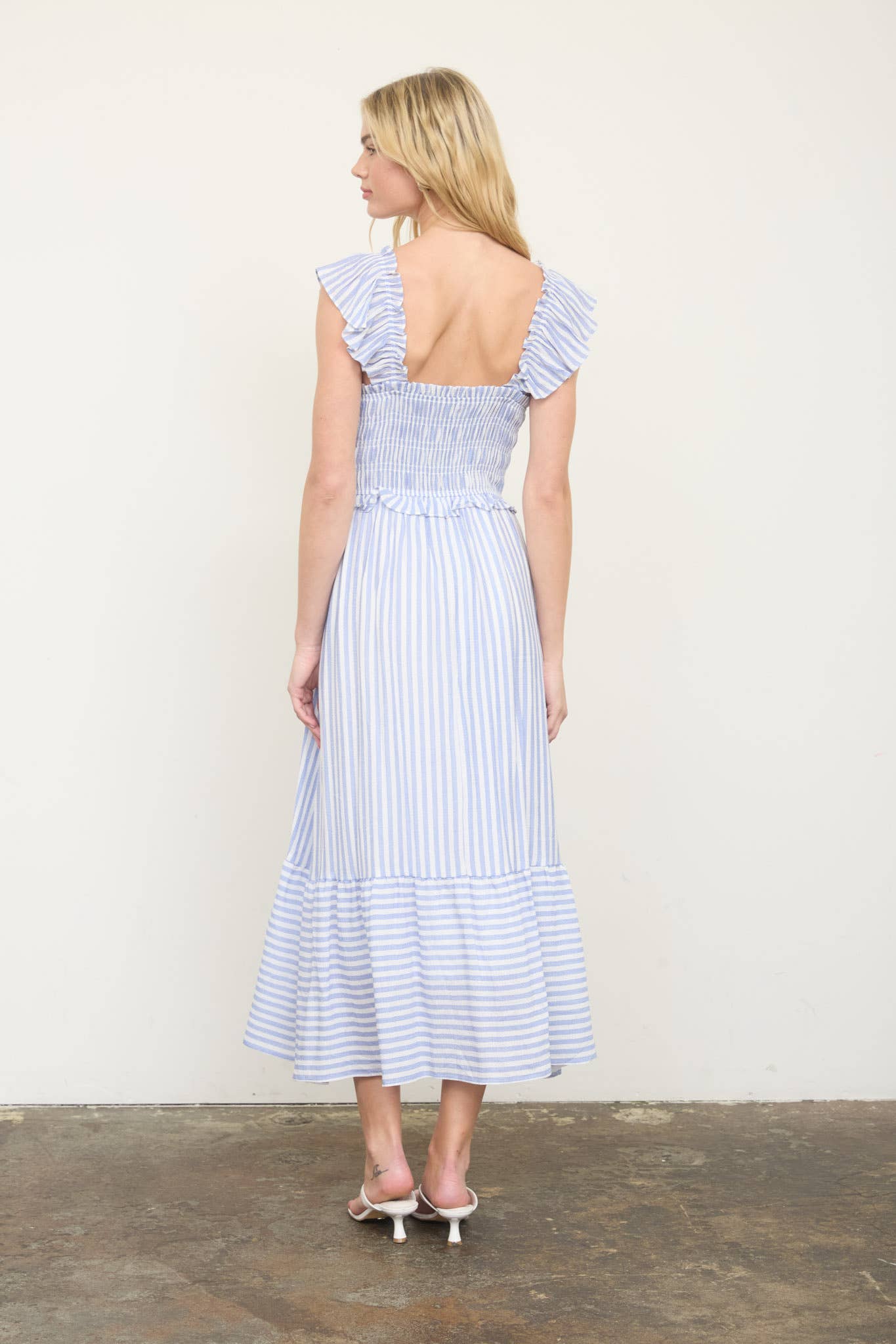 STRIPE SMOCKED RUFFLE TRIM MIDI DRESS