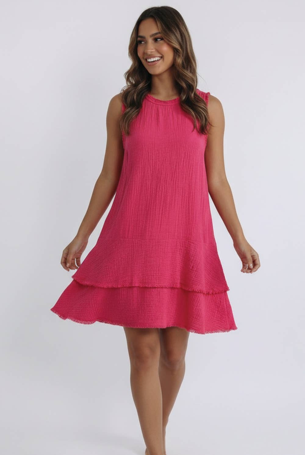 ROUND NECK COTTON DRESS WITH SIDE POCKETS