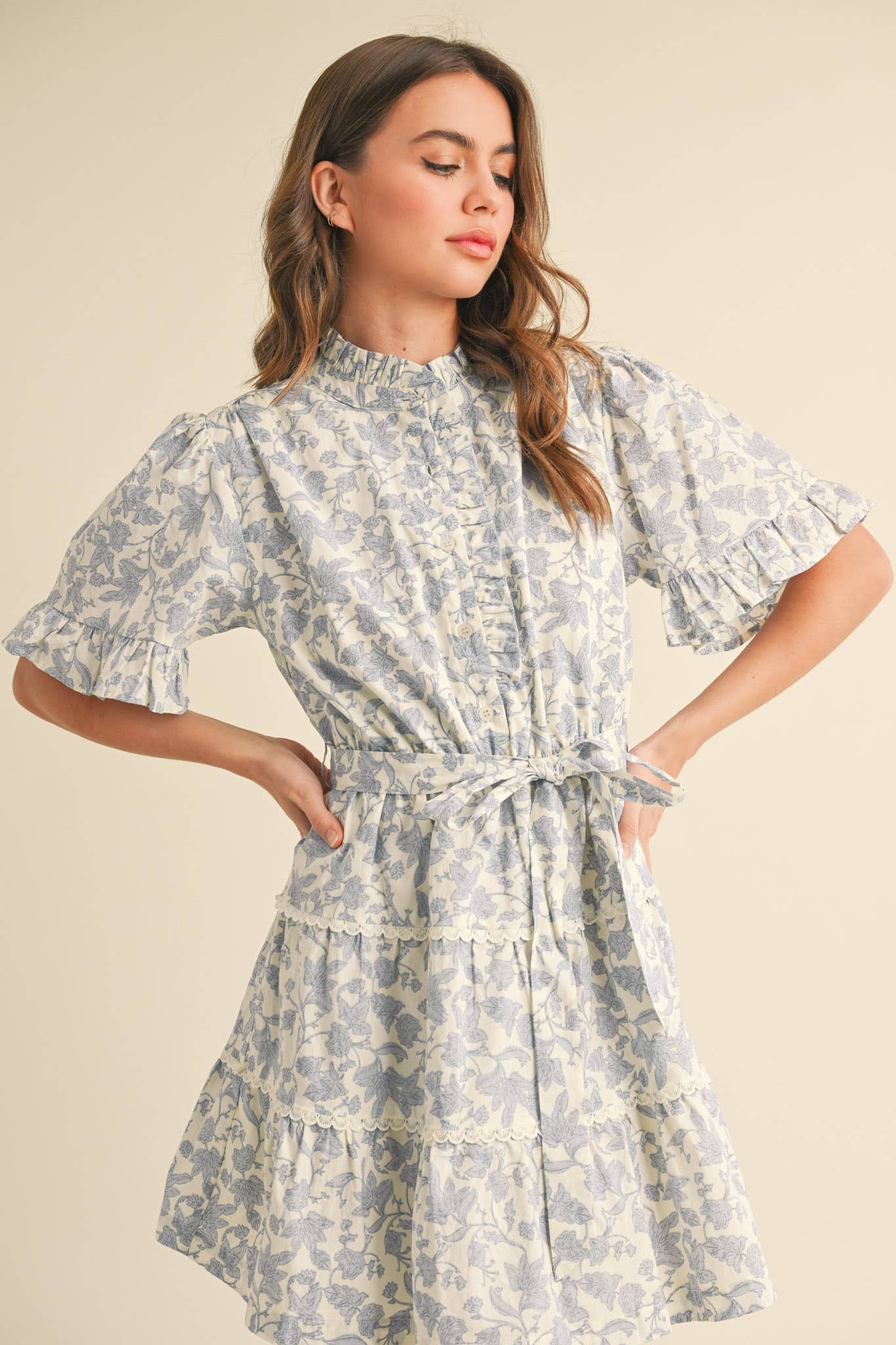 RUFFLED BUTTON DOWN FLORAL MINI DRESS MDR3578