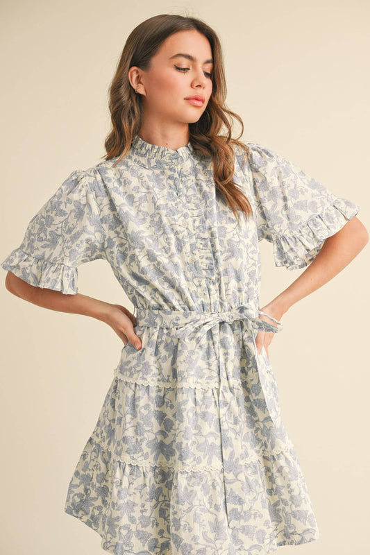 RUFFLED BUTTON DOWN FLORAL MINI DRESS MDR3578