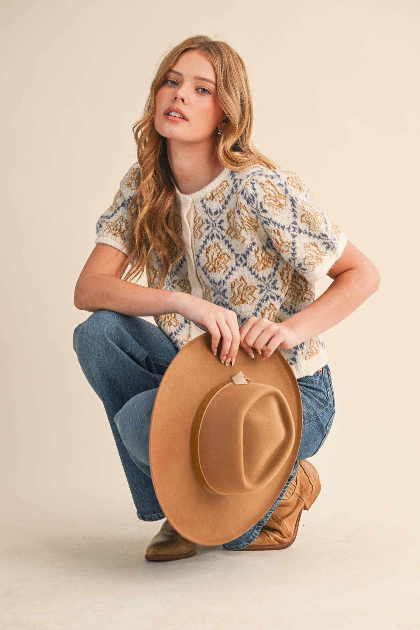 FLORAL SHORT SLEEVE SWEATER CARDIGAN Cream/Blue