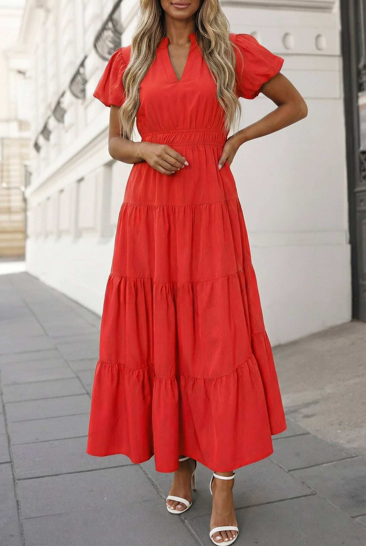 Solid V Neck Short Puff Sleeve Tiered Maxi Dress | S-XL