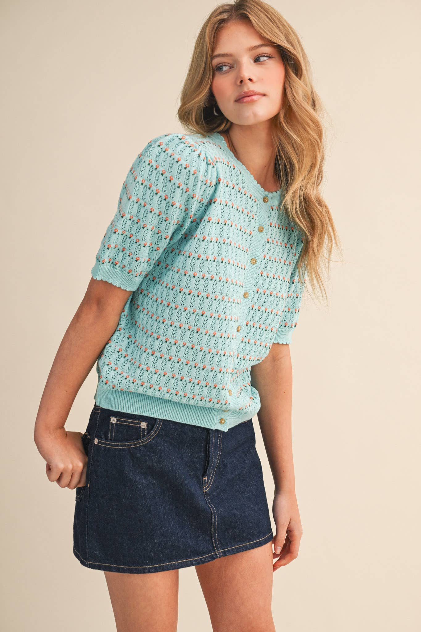 POINTELLE SHORT PUFF SLEEVE BUTTON DOWN SWEATER MSW11254