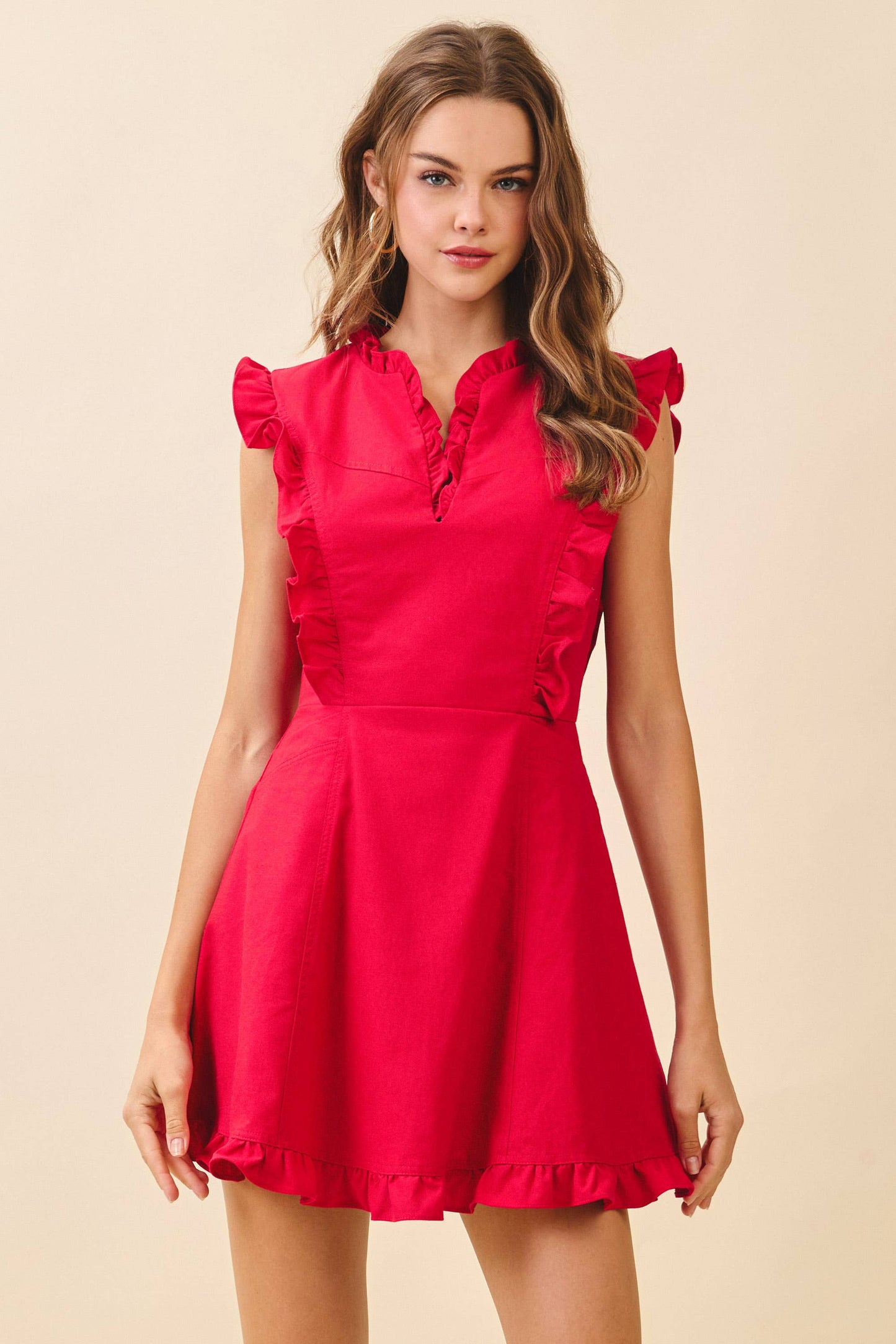 Fit And Flare Ruffled Notched Neck Mini Dress