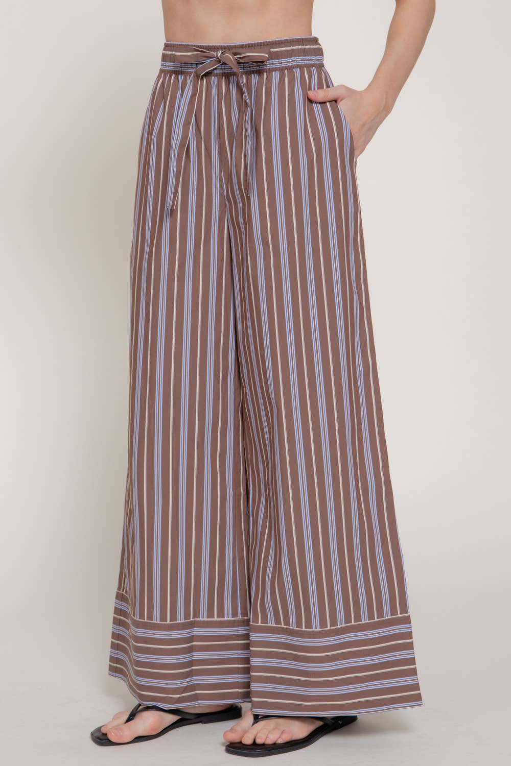Elastic Waist Multi Stripe Poplin Straight Long Pants