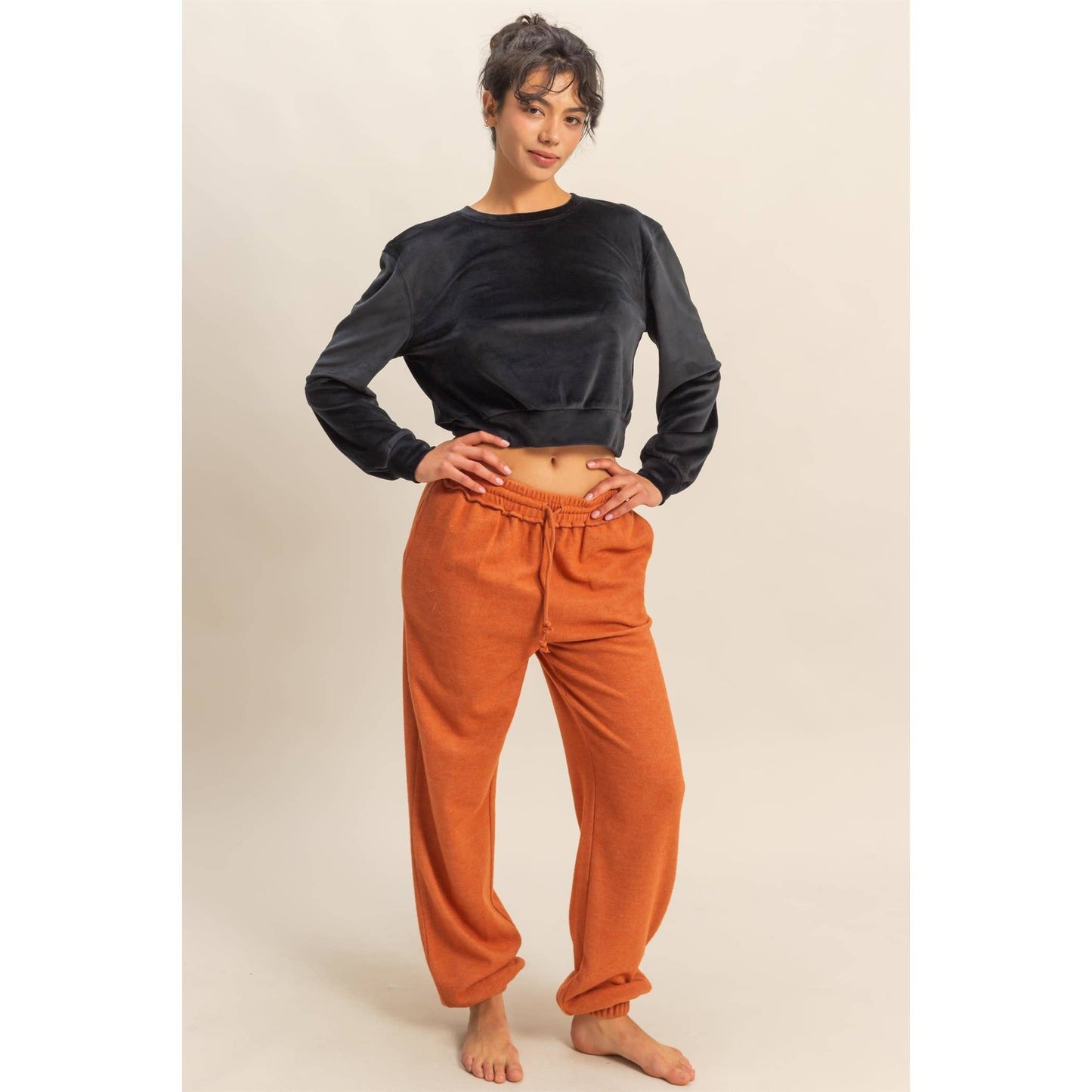 Banded Waist Velour Sweatshirt