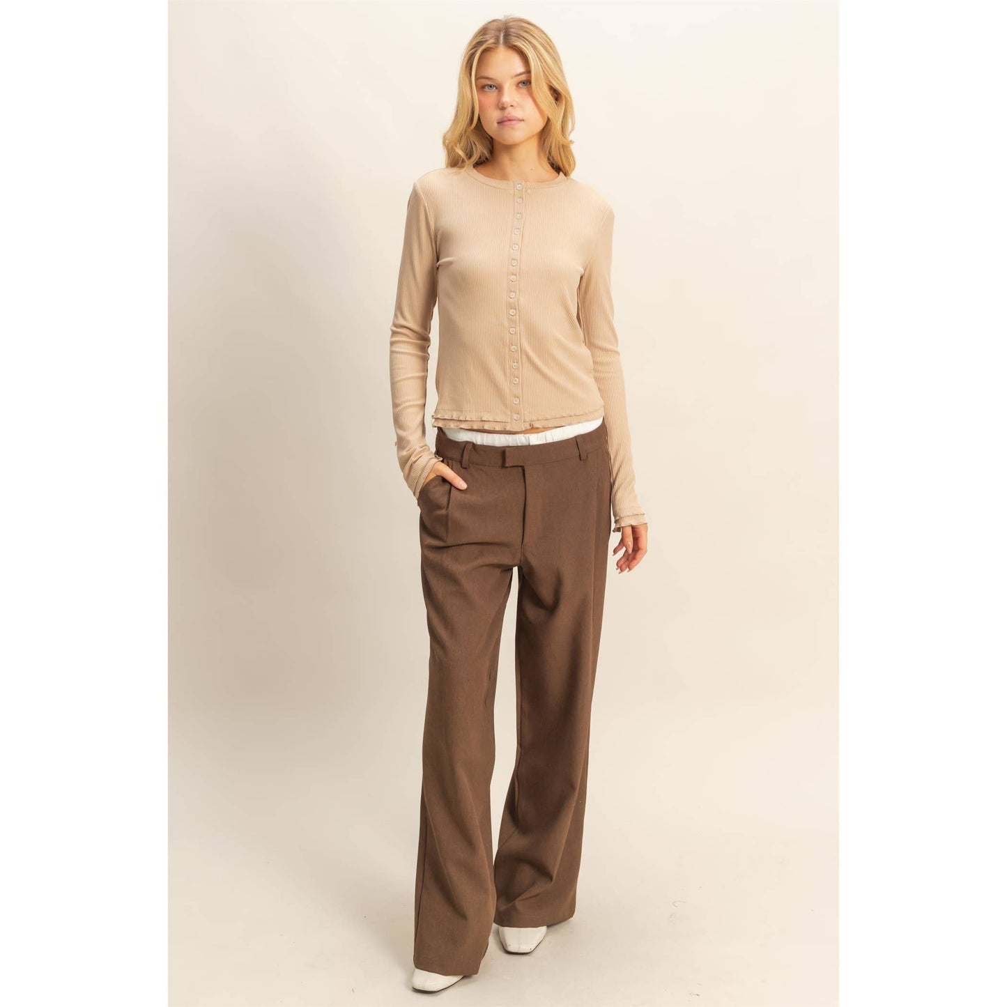 Long Sleeve Ribbed Button Down Knit Top Khaki