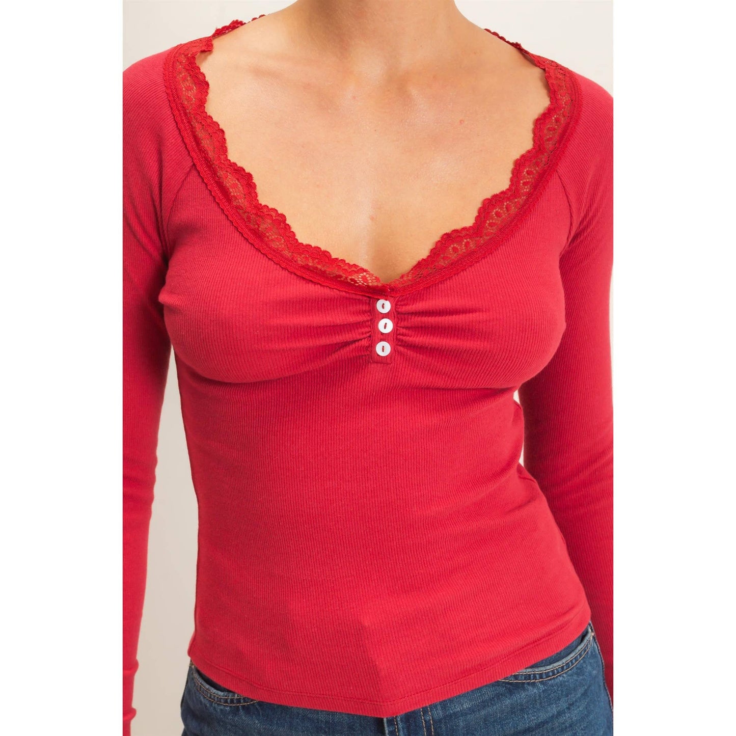Lace-Trim Henley Top