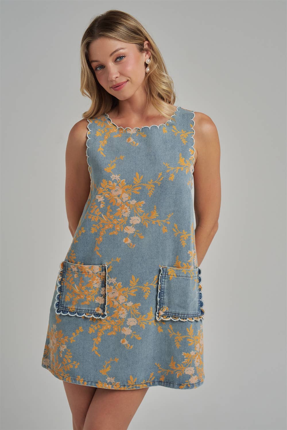 FLORAL DENIM MINI DRESS WITH SCALLOPED EMBROIDERY STITCHING