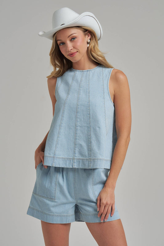 SLEEVELESS PIN STRIPE DENIM TOP AND MATCHING SHORTS SET