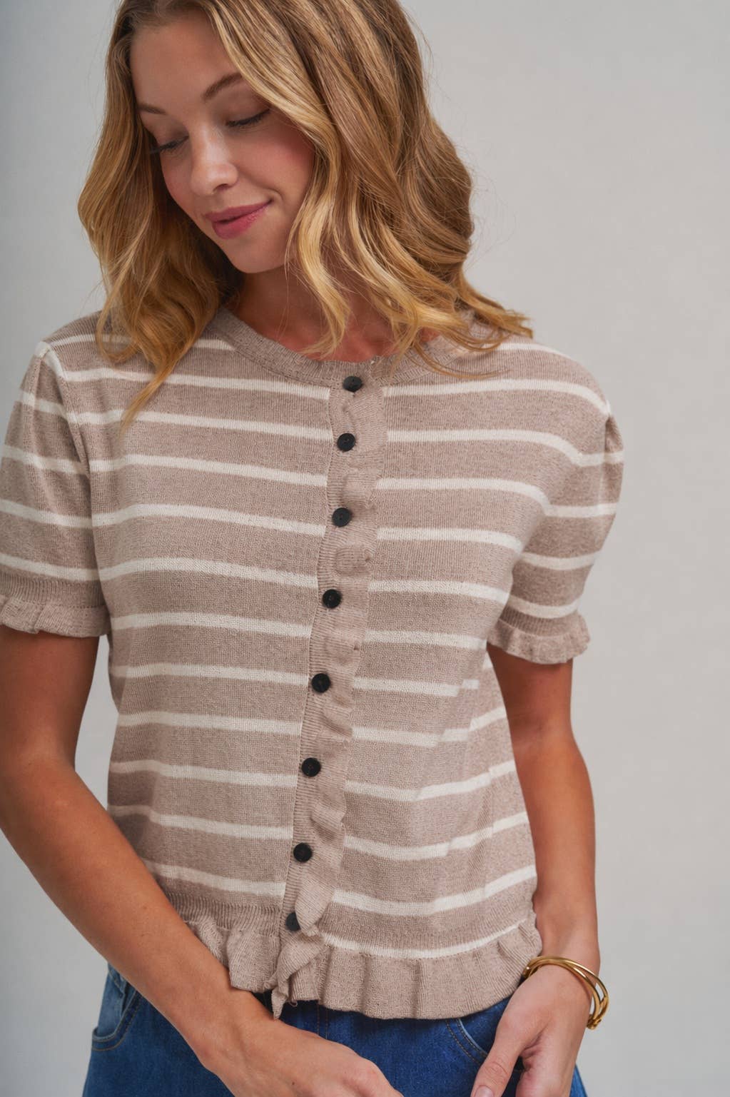 STRIPE KNITTED SWEATER BUTTON DOWN CARDIGAN TOP WITH RUFFLE