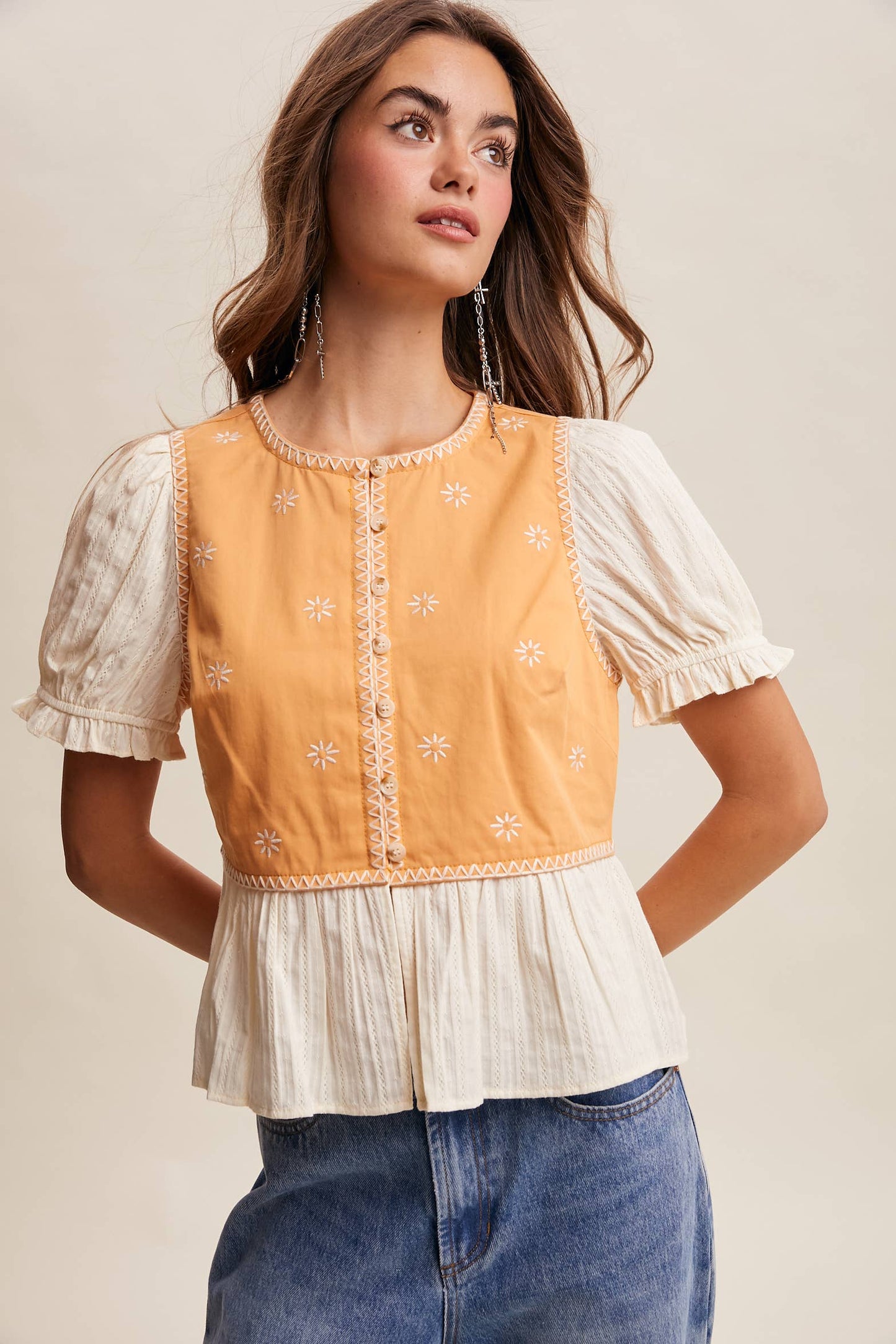Embroidered Peplum Mixed-Media Top