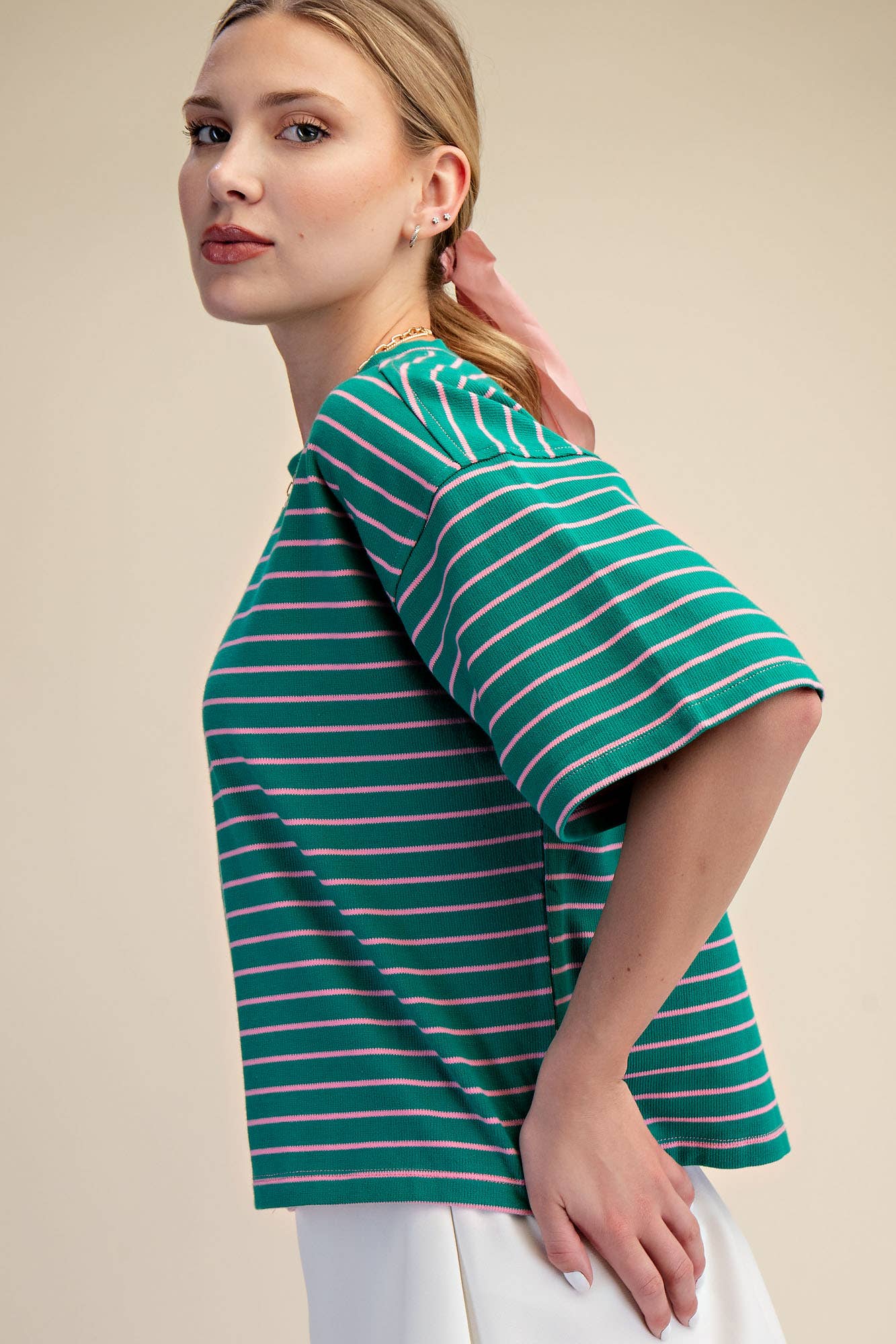 Round Neck Wide Sleeve Pullover Stripe Everyday Top