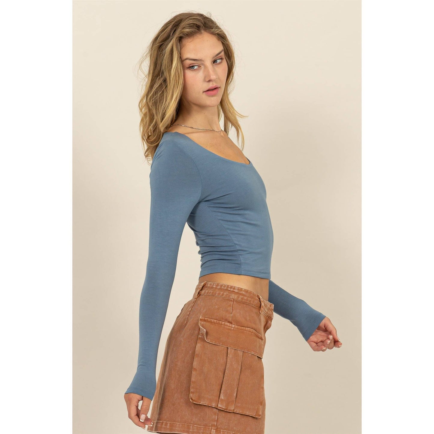Square Neck Long Sleeve Crop Top