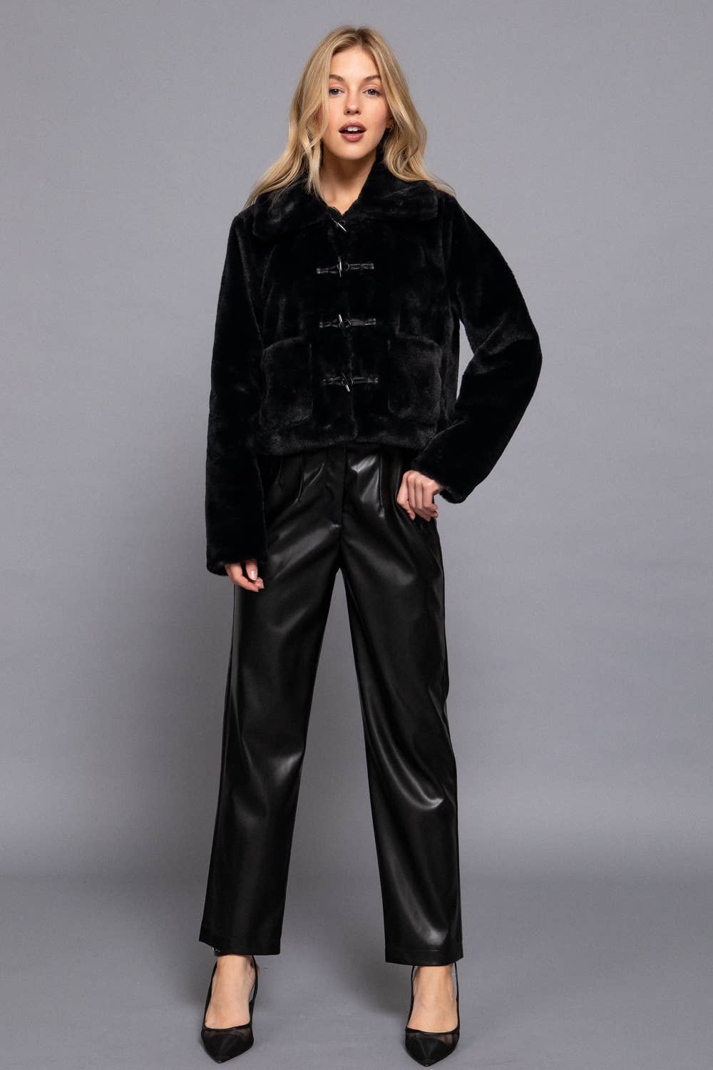 Long Sleeve Collar with Toggle Button Fur Duffle Jacket