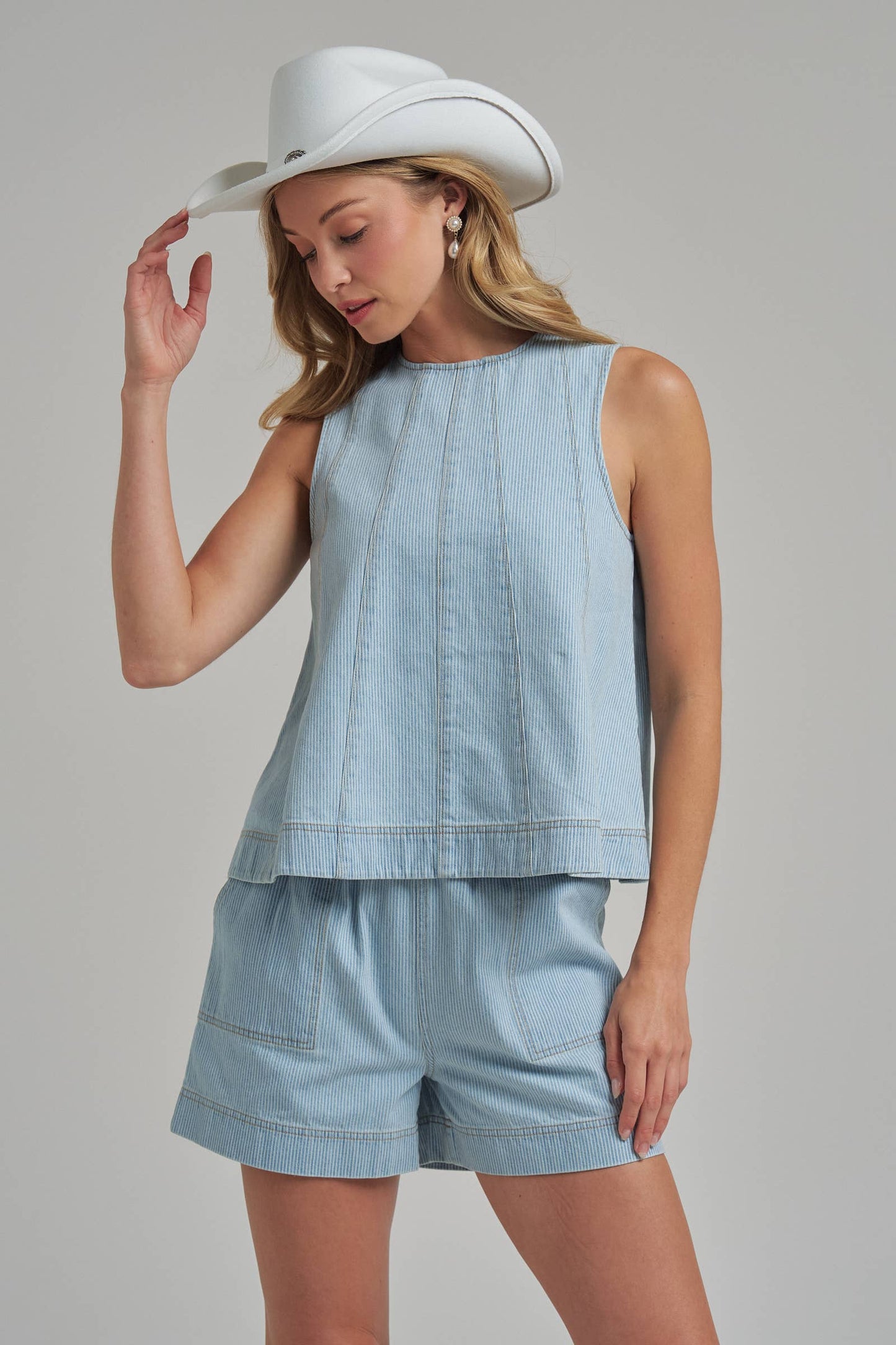 SLEEVELESS PIN STRIPE DENIM TOP AND MATCHING SHORTS SET