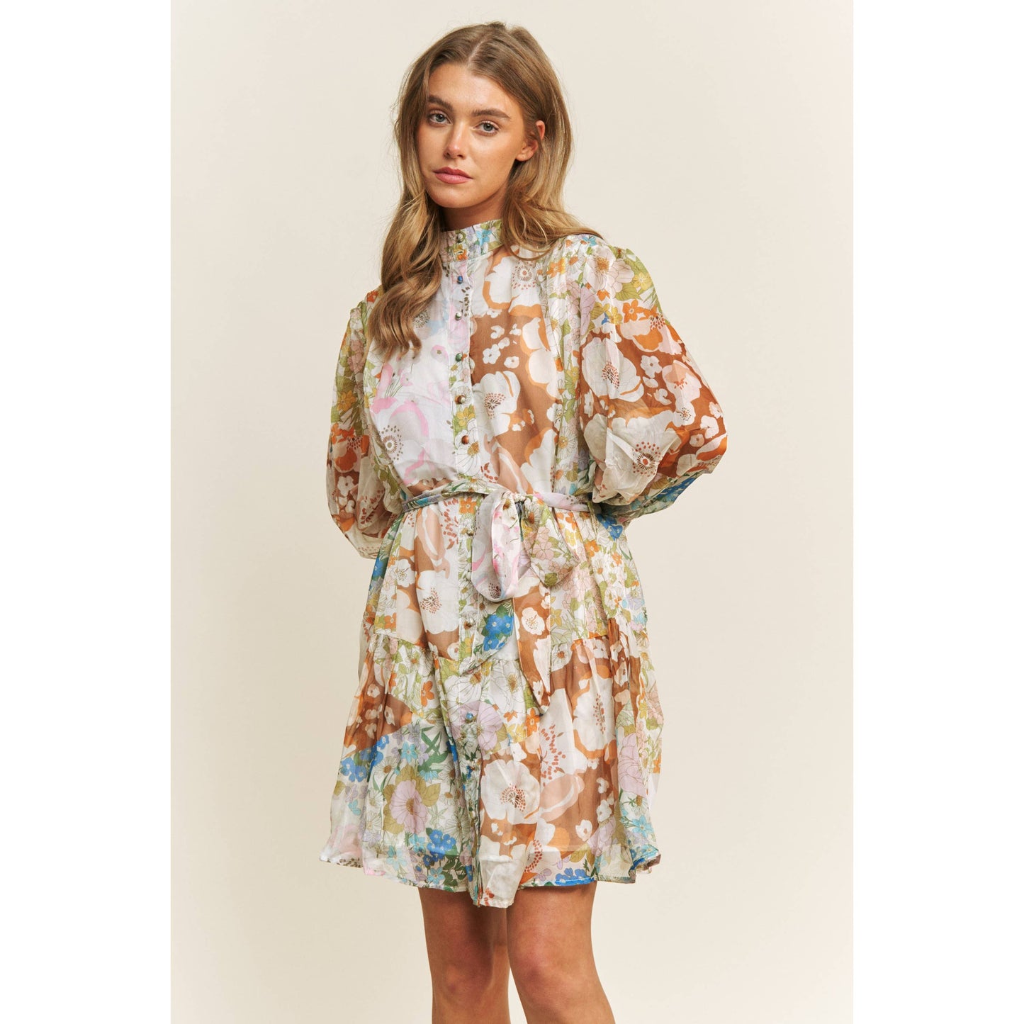 CHIFFONE FLORAL PRINT MINI SHIRT DRESS
