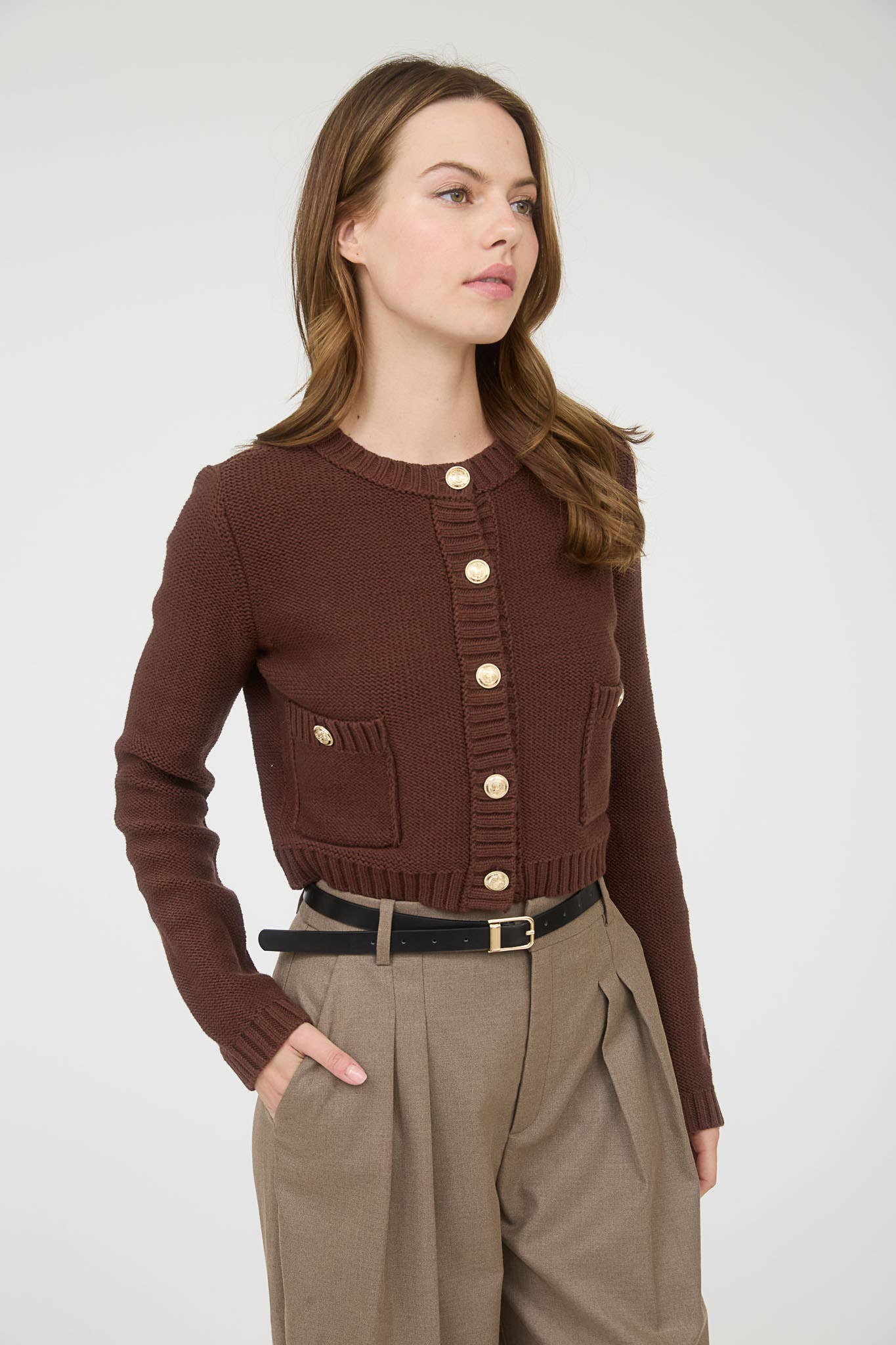 GOLD BUTTON KNIT CARDIGAN SWEATER Brown