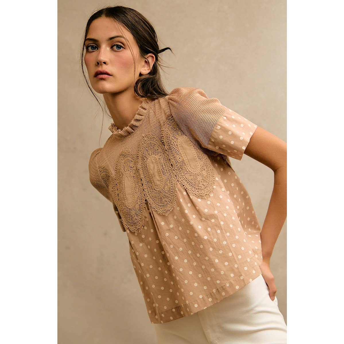 POLKA DOT PRINT LACE TRIM SHORT SLEEVES COTTON BLOUSE TOP