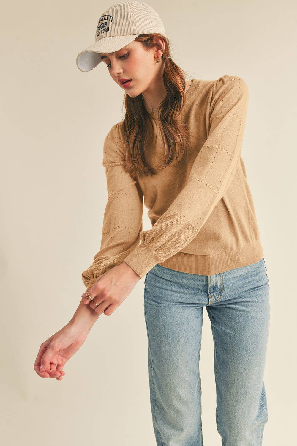 POINTELLE PUFF SLEEVE SWEATER MSW10115