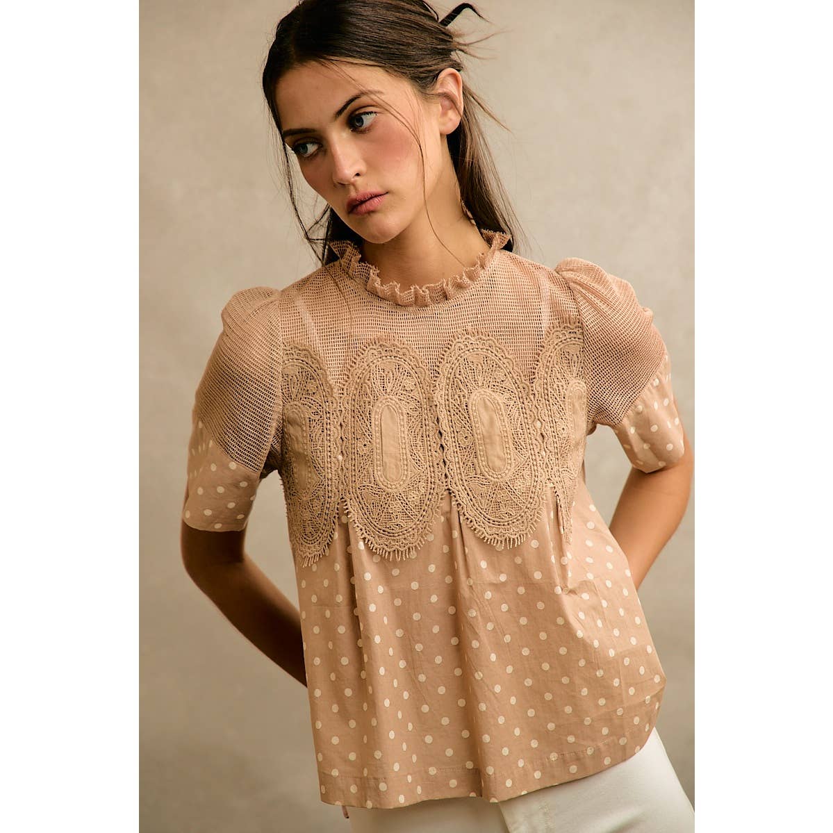 POLKA DOT PRINT LACE TRIM SHORT SLEEVES COTTON BLOUSE TOP