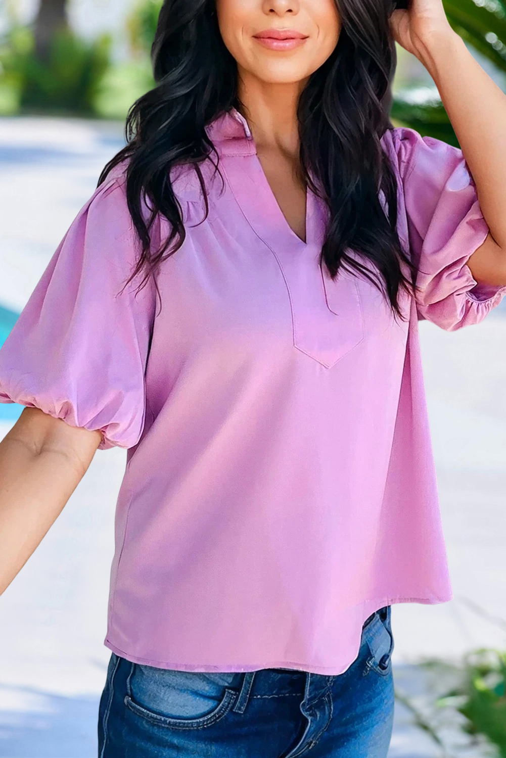 Solid V Neck Puff Short Sleeve Blouse | S-XL