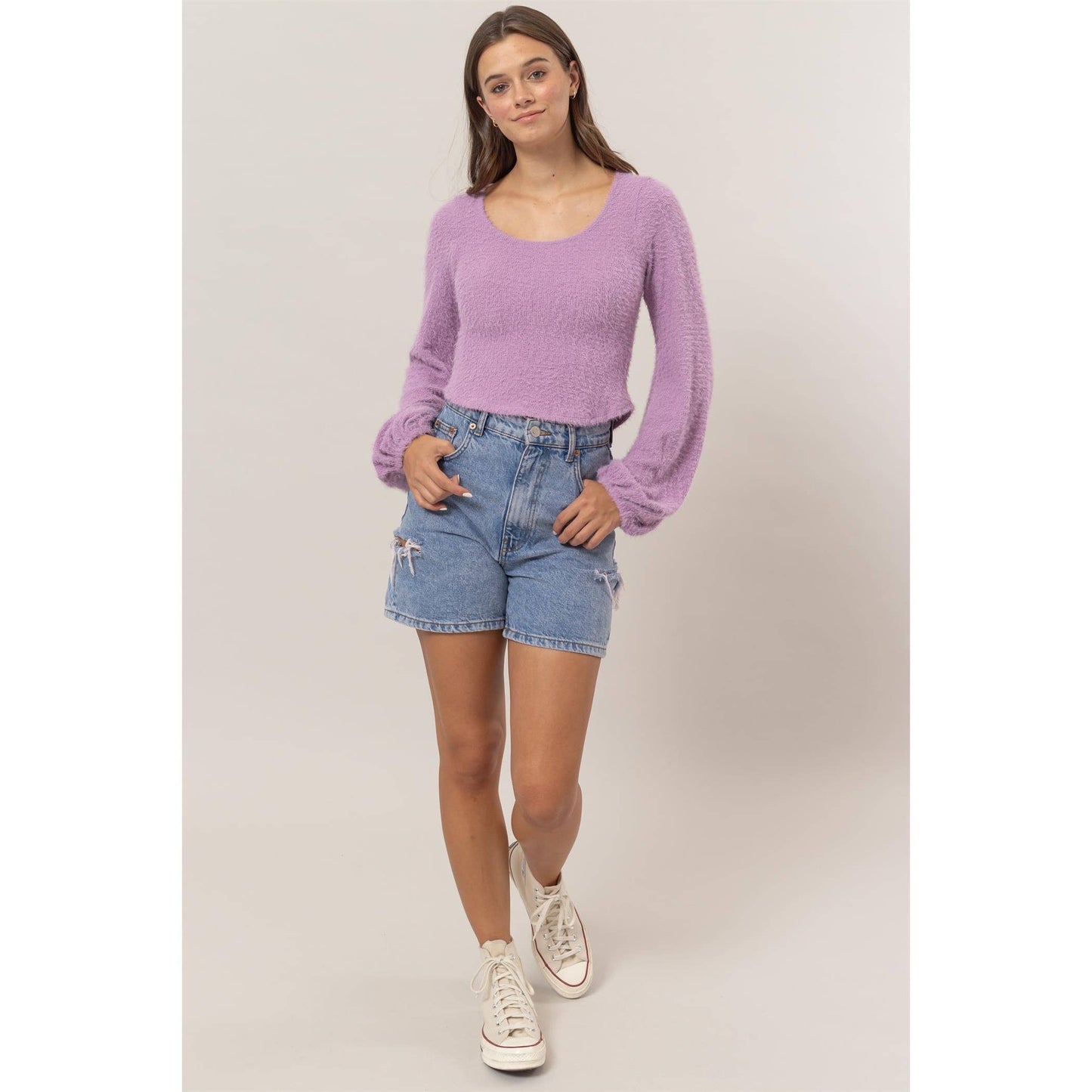 Scoop Neck Fuzzy Knit Top Purple