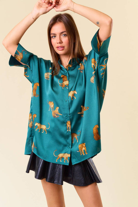 Animal Print 3/4 Sleeve Button Down Oversize Shirt
